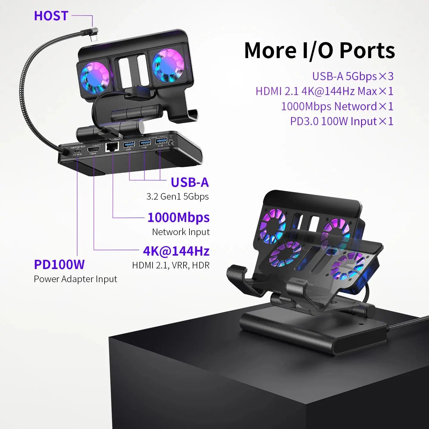 6 In 1 Rgb Dual Fans Docking Station for Rog Ally Steamdeck Game Console Dock Adjustable Height Dock Bracket with Hdmi 4K 60Hz