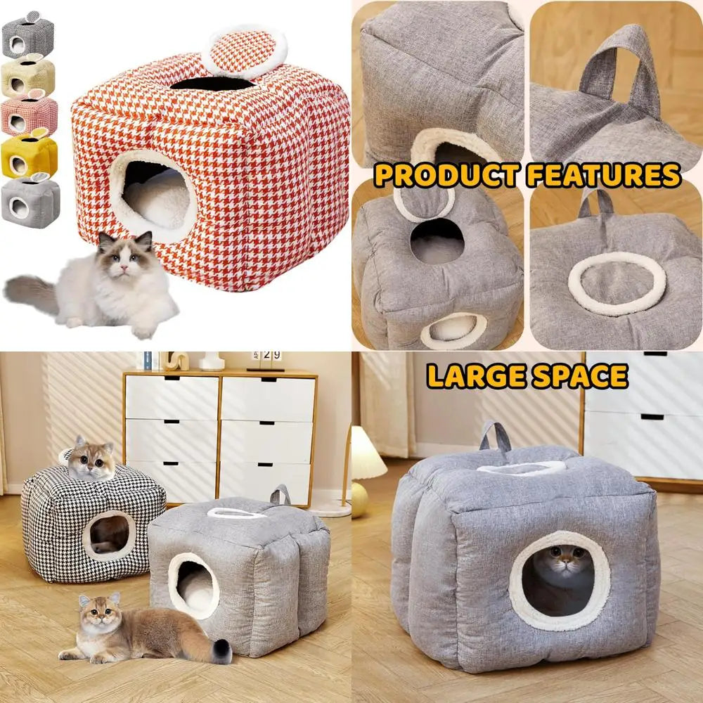 "cozy plaid cat bed with self-warming and non-slip base, washable pet cave for cats, kittens, puppies, and rabbits"