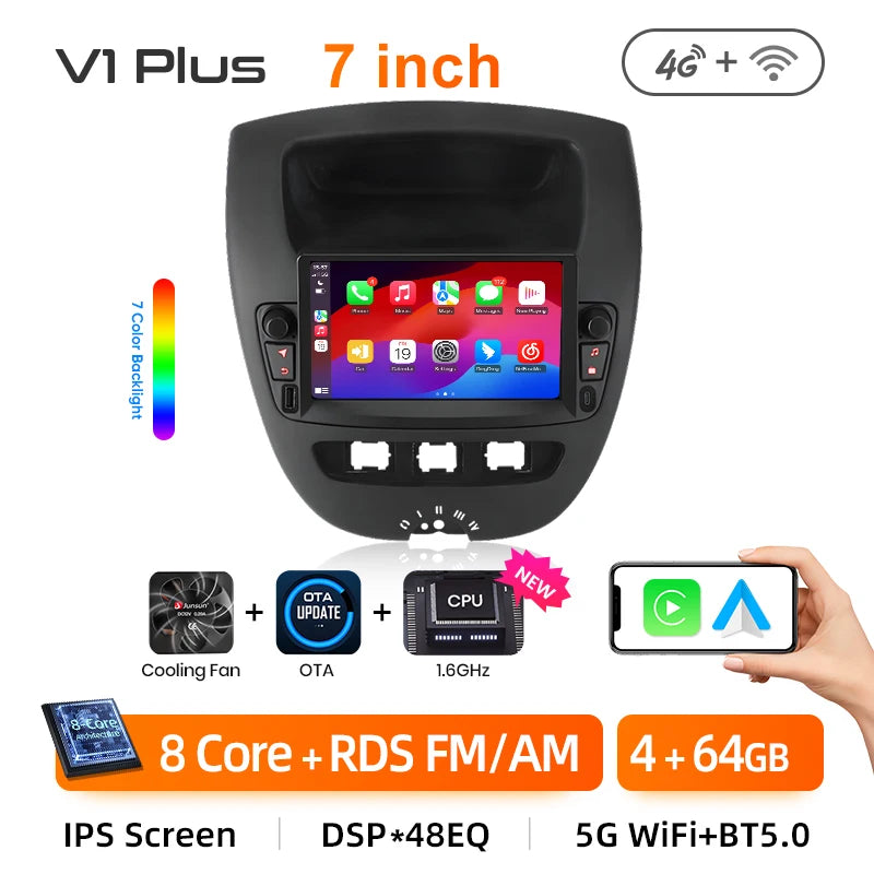 Junsun Android14 Wireless CarPlay for Apple Auto Car Radio Stereo for Peugeot 107 Toyota Aygo Citroen GPS TouchScreen Multimedia