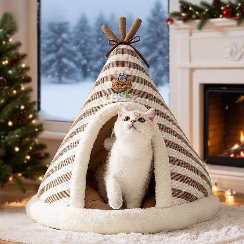 Cat Nest Autumn Winter Round Knitted Tent Nest Thickened Warm Mongolian Yurt Christmas Cat House Dog Bed Pet Supplies Puppy