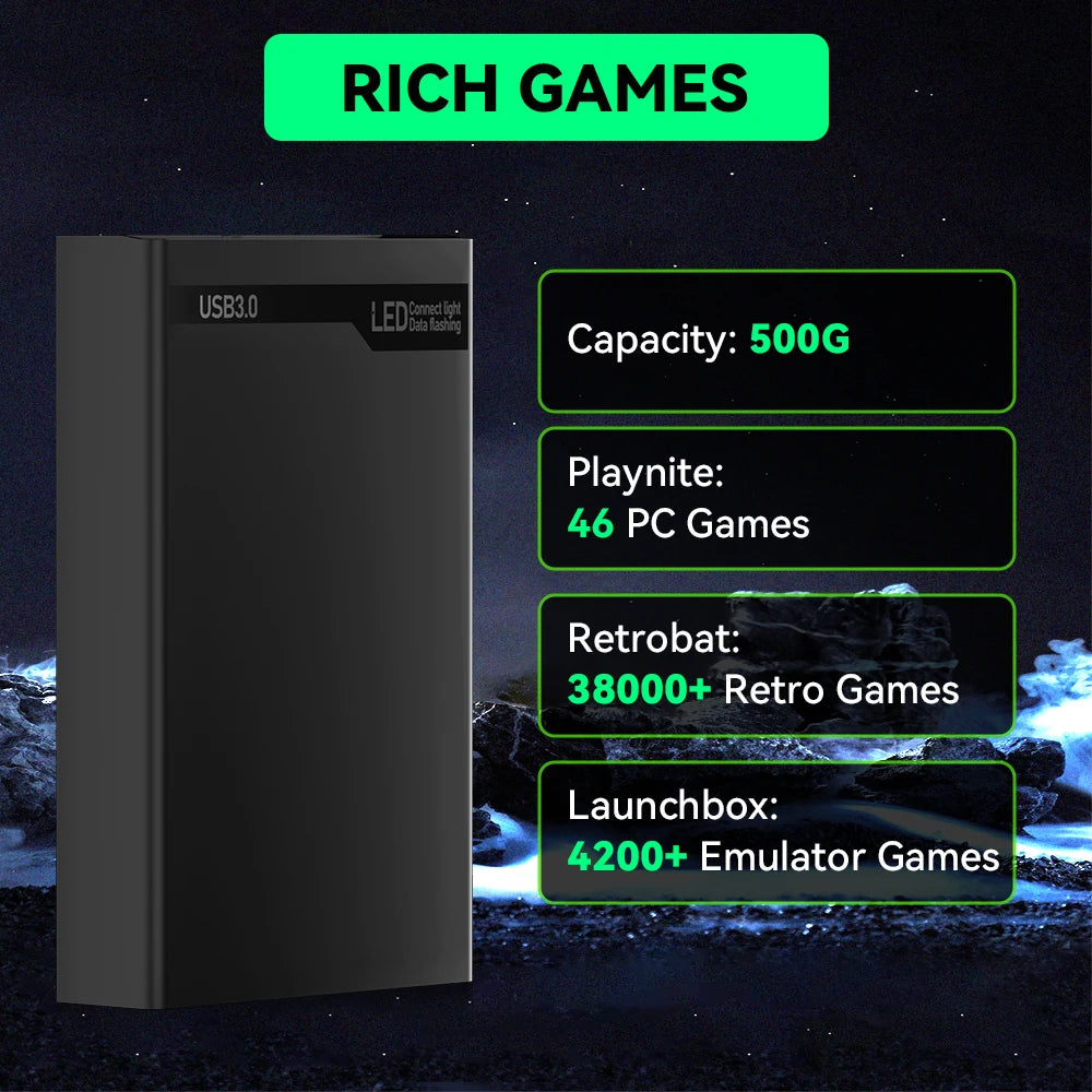 MIX500G Spielfestplatte mit über 38200 Retro-/PC-Spielen, Plug &amp; Play-Spielkonsolen für PS3/PS2/Switch/SNES/XBOX/N64/WII/GBA für Windows