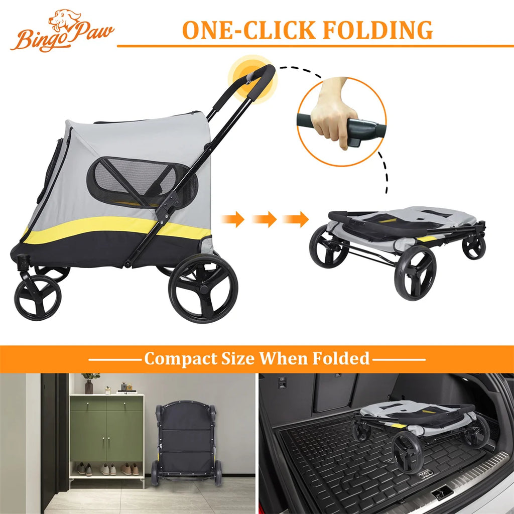 Foldable Dog Stroller with 4 Heavy Wheels Portable Universal Pet Travel Stroller for Small to Large Dogs, Rainproof Cover