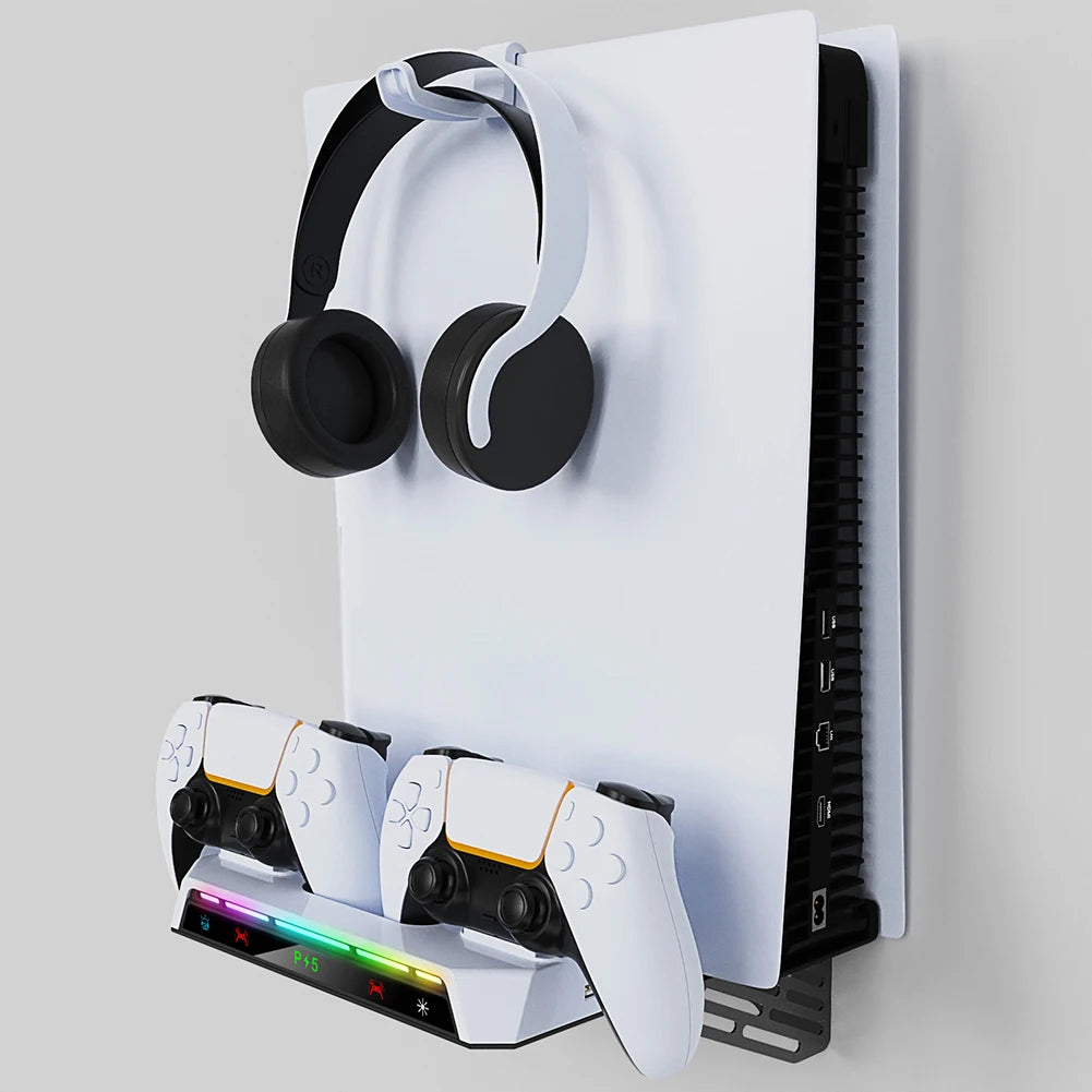 Shelf Floating Mount with Dual Controller Charger RGB Light Wall Stand W/ Headset Holder for PS5/PS5 Slim Disc & Digital Console