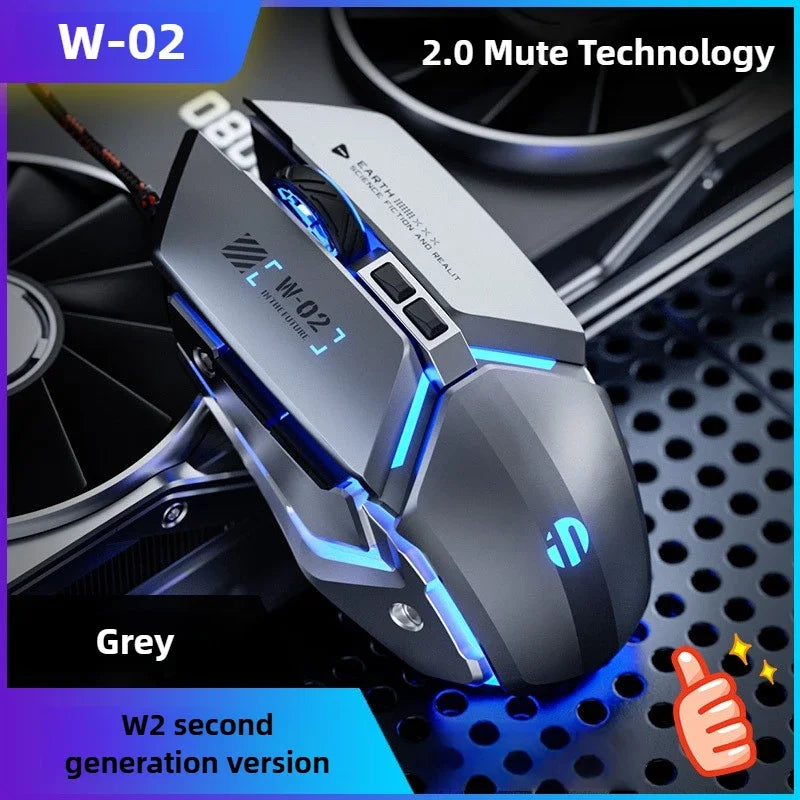 W2 USB кабелна геймърска мишка със светеща механична метална мишка, подходяща за компютър, настолен компютър, лаптоп, таблет, игра, офис