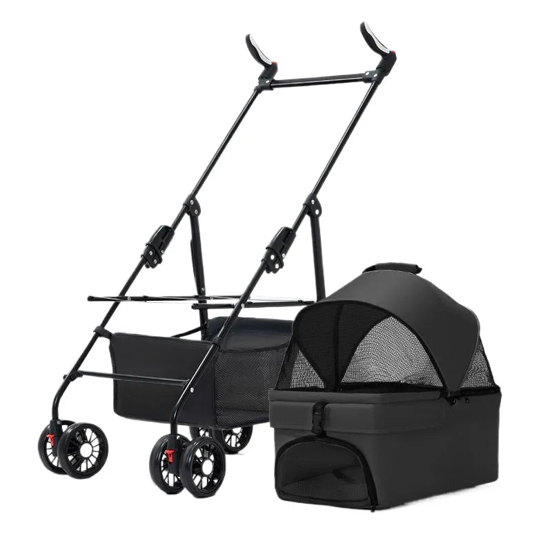 3-in-1-Hundebuggy, 4 Räder, zusammenklappbarer Haustierbuggy mit abnehmbarer Trage, atmungsaktive, sichtbare Netz-Reiseträger