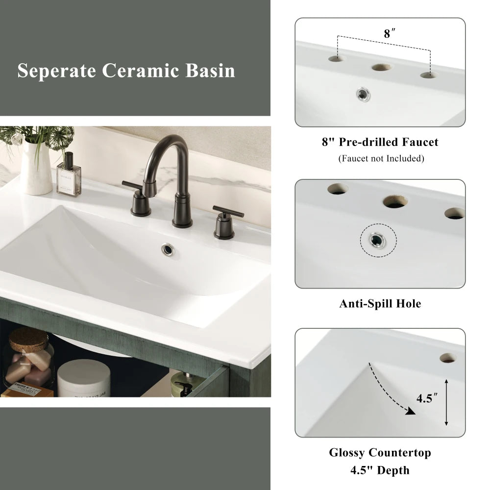 30" Vintage Bathroom Vanity with Rectangle Ceramic Sink,  Bathroom Vanity Cabinet with Antique Handles and 2 Doors, Bathroom