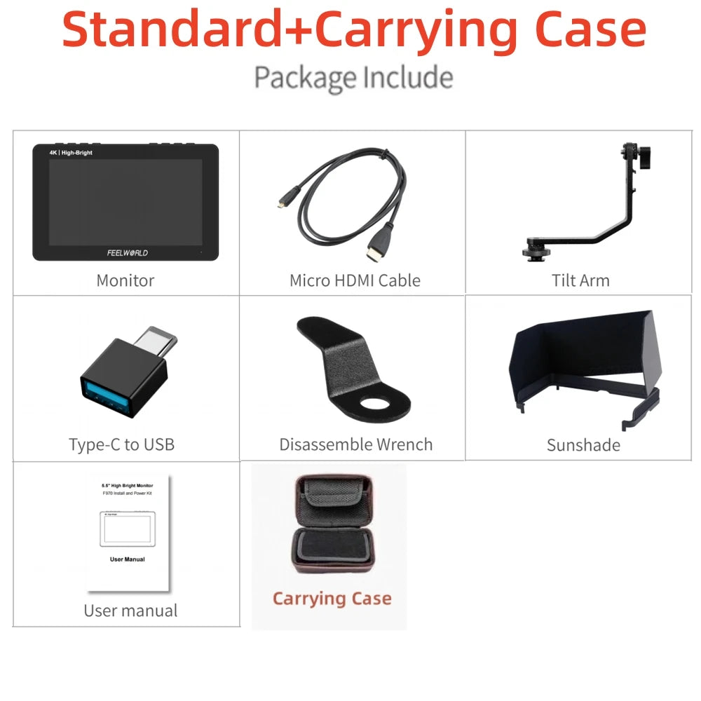 FEELWORLD F5 PROX 5,5 Zoll 1600nit High Bright Touchscreen DSLR-Kamera-Feldmonitor 4K HDMI F970 Installations- und Stromversorgungskit