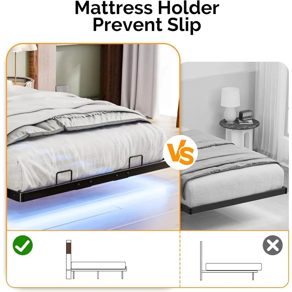 VINGLI Full Size Floating Bed Frame with Headboard, LED Lights & Charging Station, Cozy Velvet Upholstered Headboard, Hidden Sto