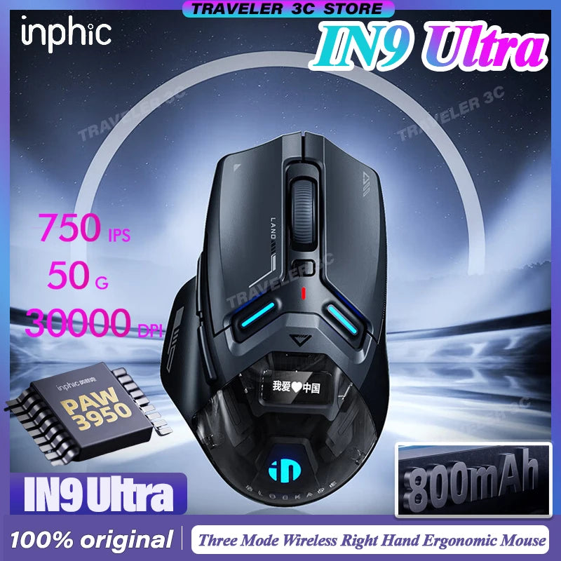 INPHIC IN9 Ultra Drei Modus Kabellose Gaming-Maus Rechtshänder ergonomisch PAW3950 OLED-Bildschirm Nano 8K 800 mAh lange Ausdauer Geschenk-PC
