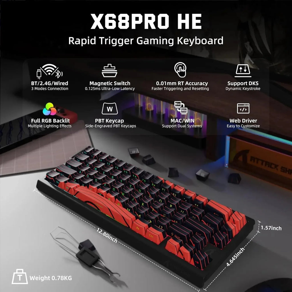 ATTACK SHARK X68 PRO HE Kabellose Rapid Trigger-Gaming-Tastatur, 8K-Abfragerate, Hot-Swap, RGB-Hintergrundbeleuchtung