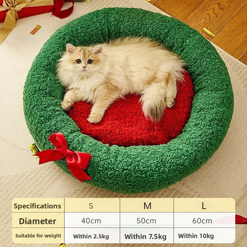 1pcs Christmas Cat Bed with Lamb Wool Thermal Semi-Enclosed Pet House for Cats Dogs Cozy Snooze Bed Winter Warm
