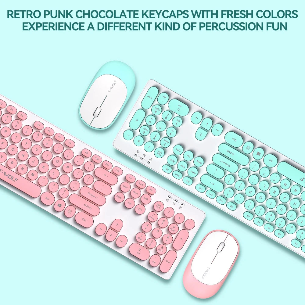 Office Mouse Keyboard Set 104 Punk Round Keys 2.4G Wireless Rechargeable Pink Computer Keyboard And Mouse Kit For Women