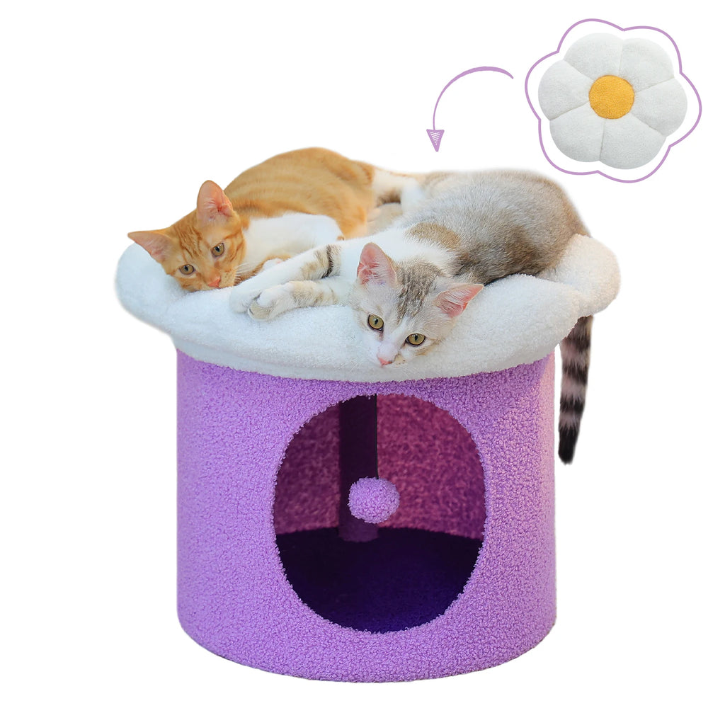 Flower Cat House with Pompom Ball, Double-Deck, Large Cat Condo, Bed with Soft Flower Perch, Spacious Cozy Condo for Multi Cats