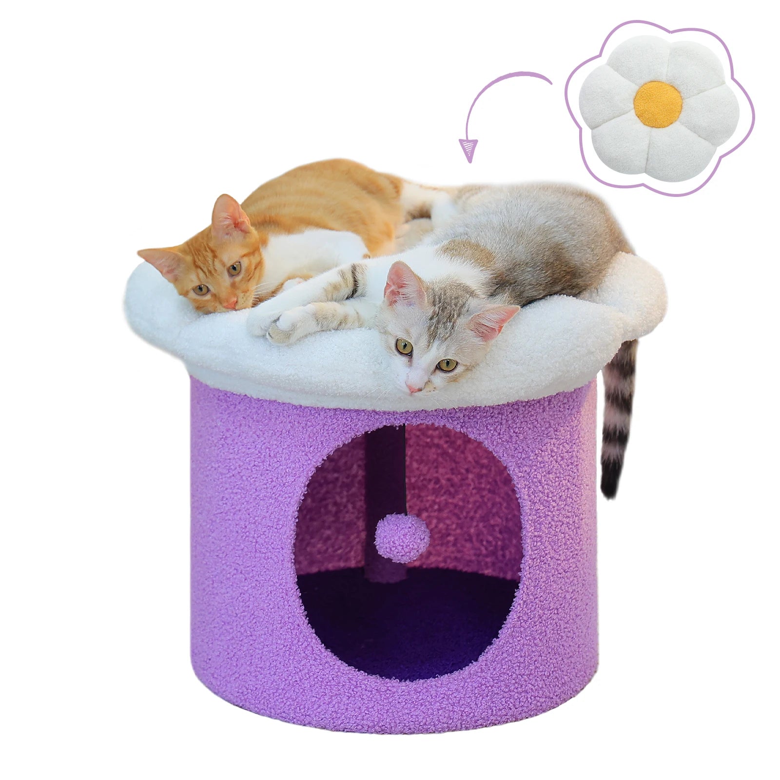 Flower Cat House with Pompom Ball, Double-Deck, Large Cat Condo, Bed with Soft Flower Perch, Spacious Cozy Condo for Multi Cats