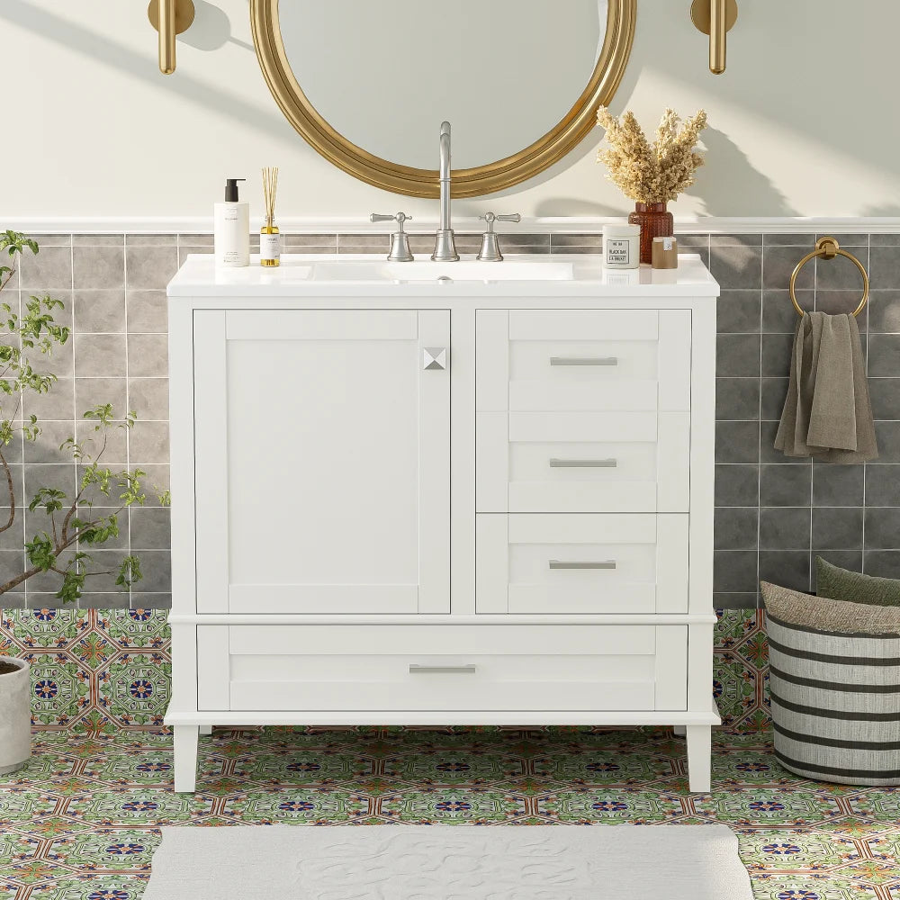 36" White Bathroom Vanity with Solid Pine Frame, 1 Soft Close Door and 3 Drawers , Modern Storage Cabinet