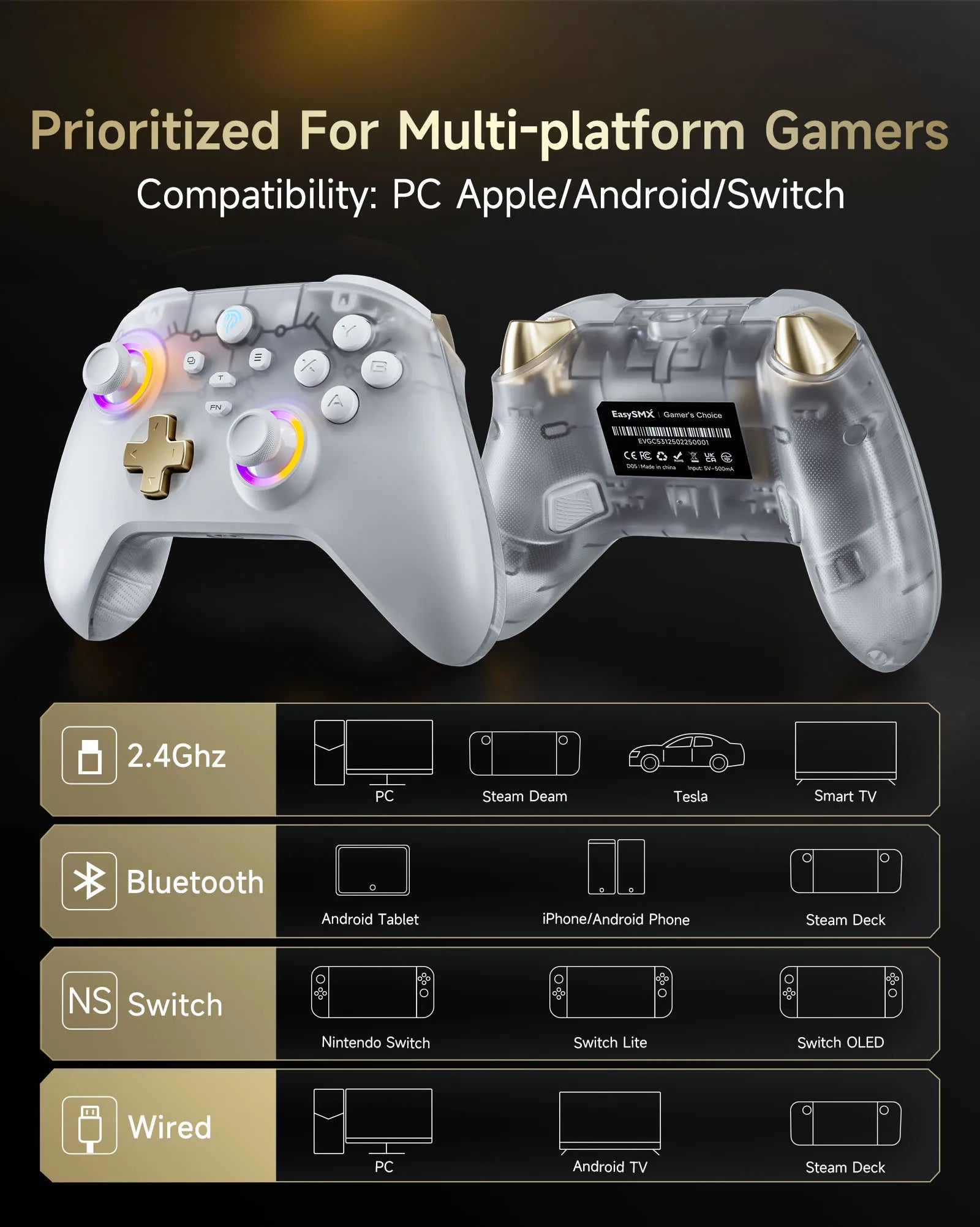 EasySMX D05 Wireless Gamepad for Nintendo Switch PC with Charging Dock RGB Hall Effect Joysticks Game Controller for Windows