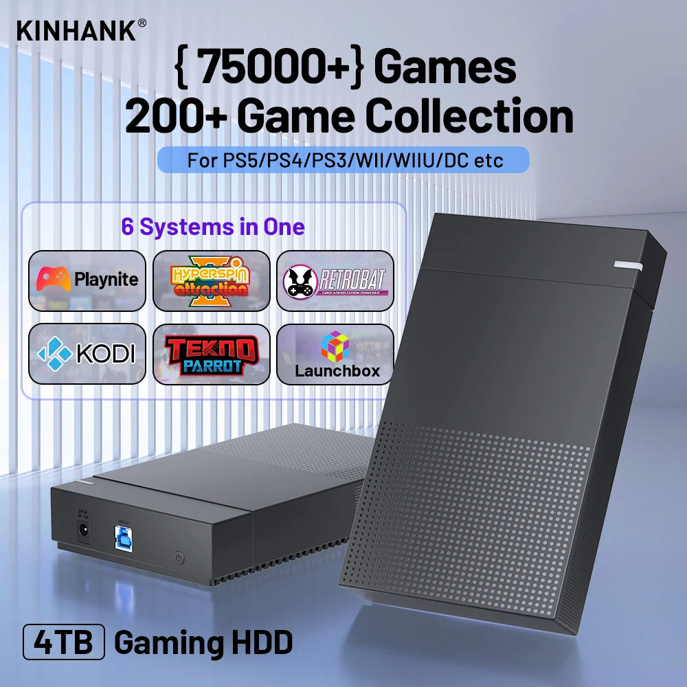 Kinhank Super Console 4TB Gaming-Festplatte mit Hyperspin Launchbox Retrobat mit über 75.000 Retro-Videospielen für PS5/PS4/PS3/WII/WIIU usw.