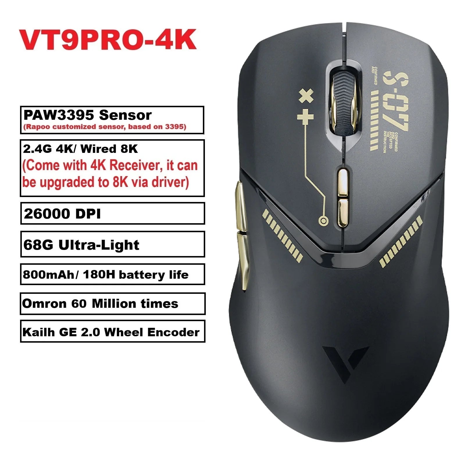 Безжична геймърска мишка Rapoo VT9PRO PAW3398, 26000DPI, 68g, лека, кабелна, безжична мишка, 160H, супер дълъг живот на батерията