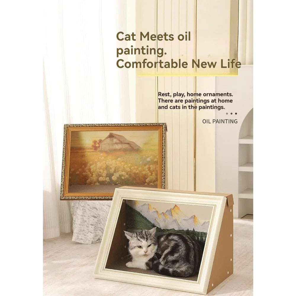 "luxurious mona lisa-inspired cat furniture with scratching post and 3d art panel"