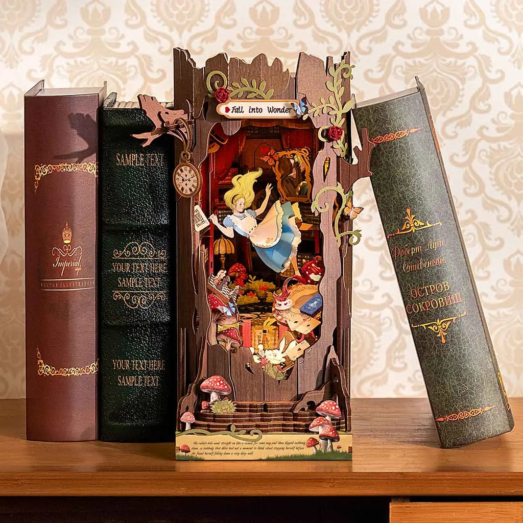 Robotime Rolife Enchanted Garden Book Nook Kit Whimsical Wooden Bookshelf Insert with Mashroom Tea Cup Decor
