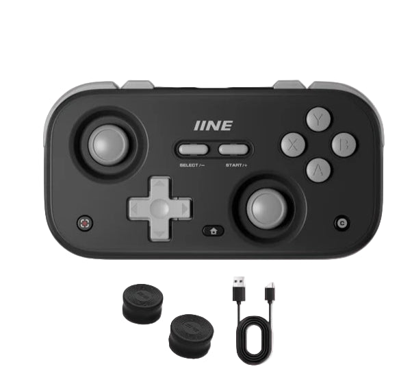 Retro-style game controller with IINE branding on a pink and white background