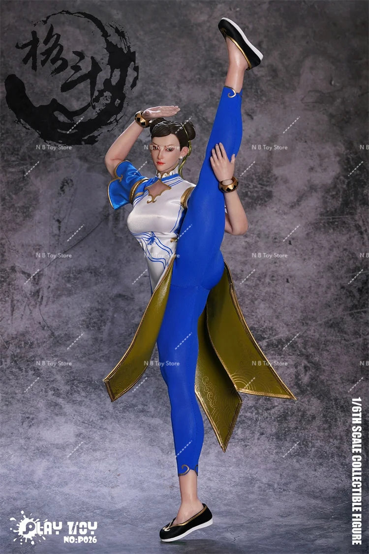 In Stock PLAY TOY P026 1/6 Chun-Li Movable Eyes Action Figure 12-inch Female Soldier Blue Cheongsam Figure Toy Collection Gift