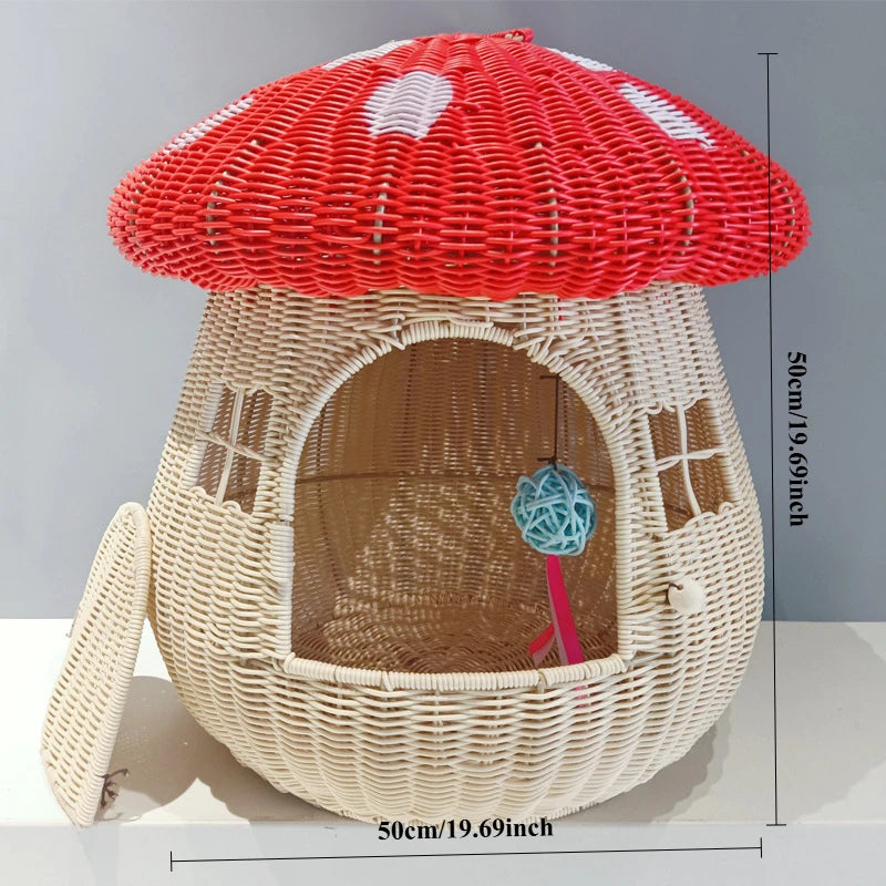 Hanging Rattan Mushroom Pet House | Enclosed Cat Dog Bed with Anti-Slip Mat | Portable Indoor Outdoor Boho Pet Furniture
