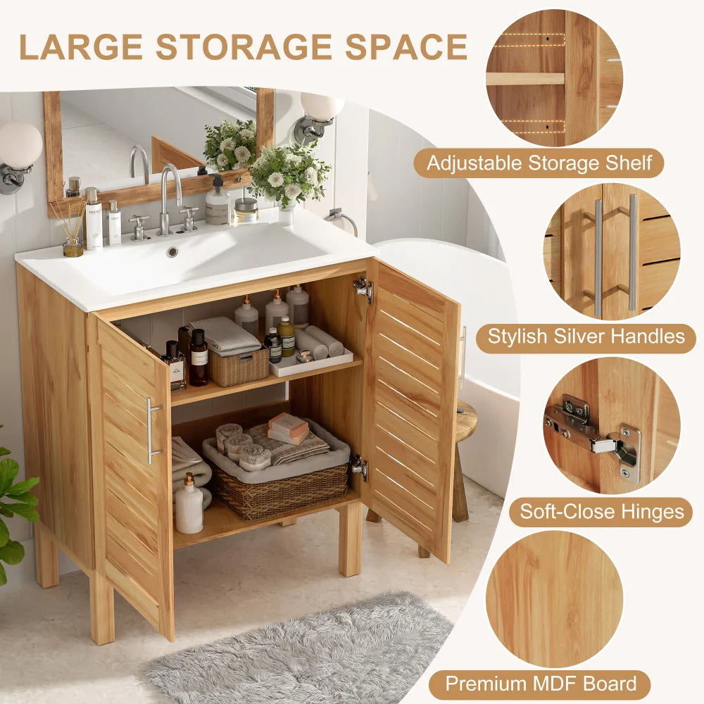 30" Antique Bathroom Vanity with Ceramic Sink, Mid-Century Modern Bathroom Vanity Cabinet with 2 Soft-Close Doors and Large