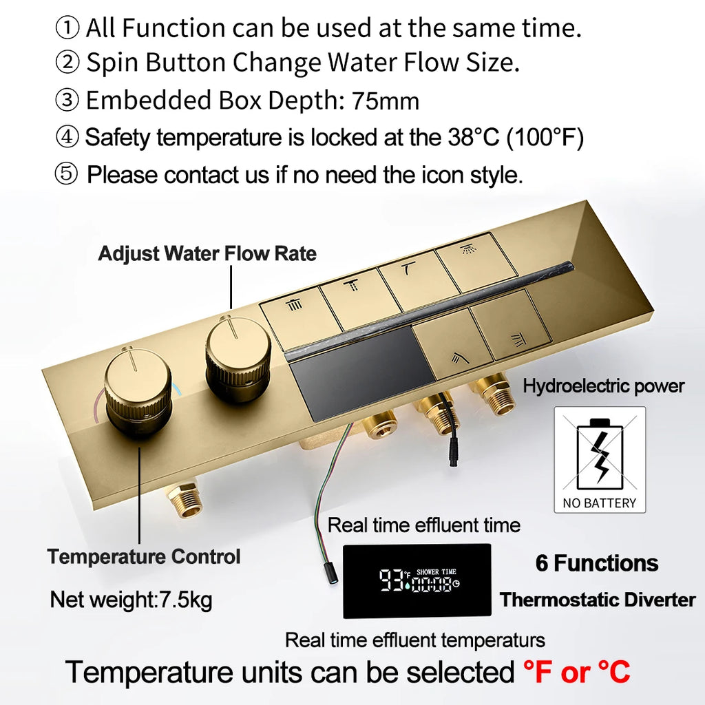 M Boenn Brushed Gold Couple Shower System Smart Temperature Display Thermostatic Mixer Bathroom Faucet Music Showers Experience