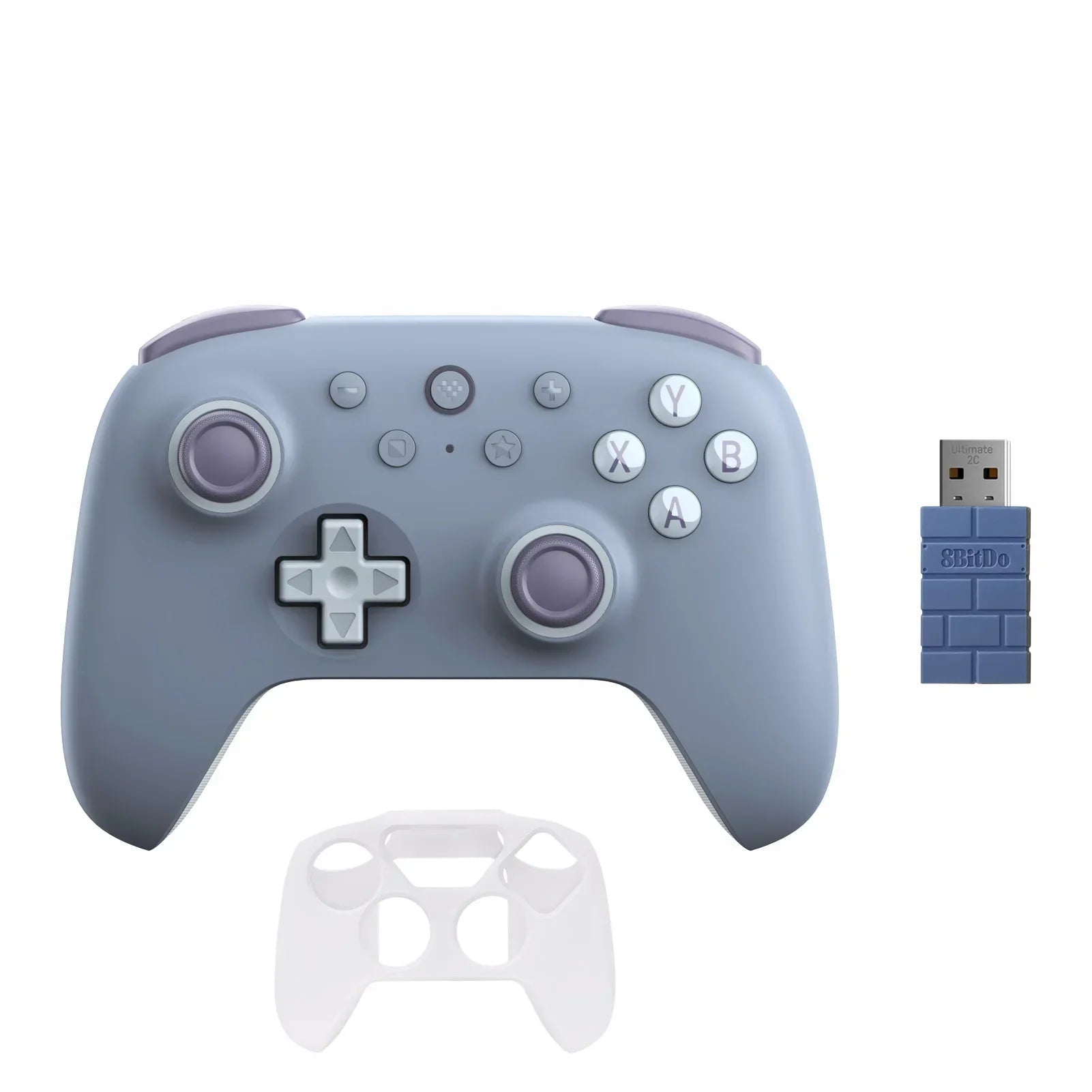 Gray gaming controller with USB adapter and protective case on a white background