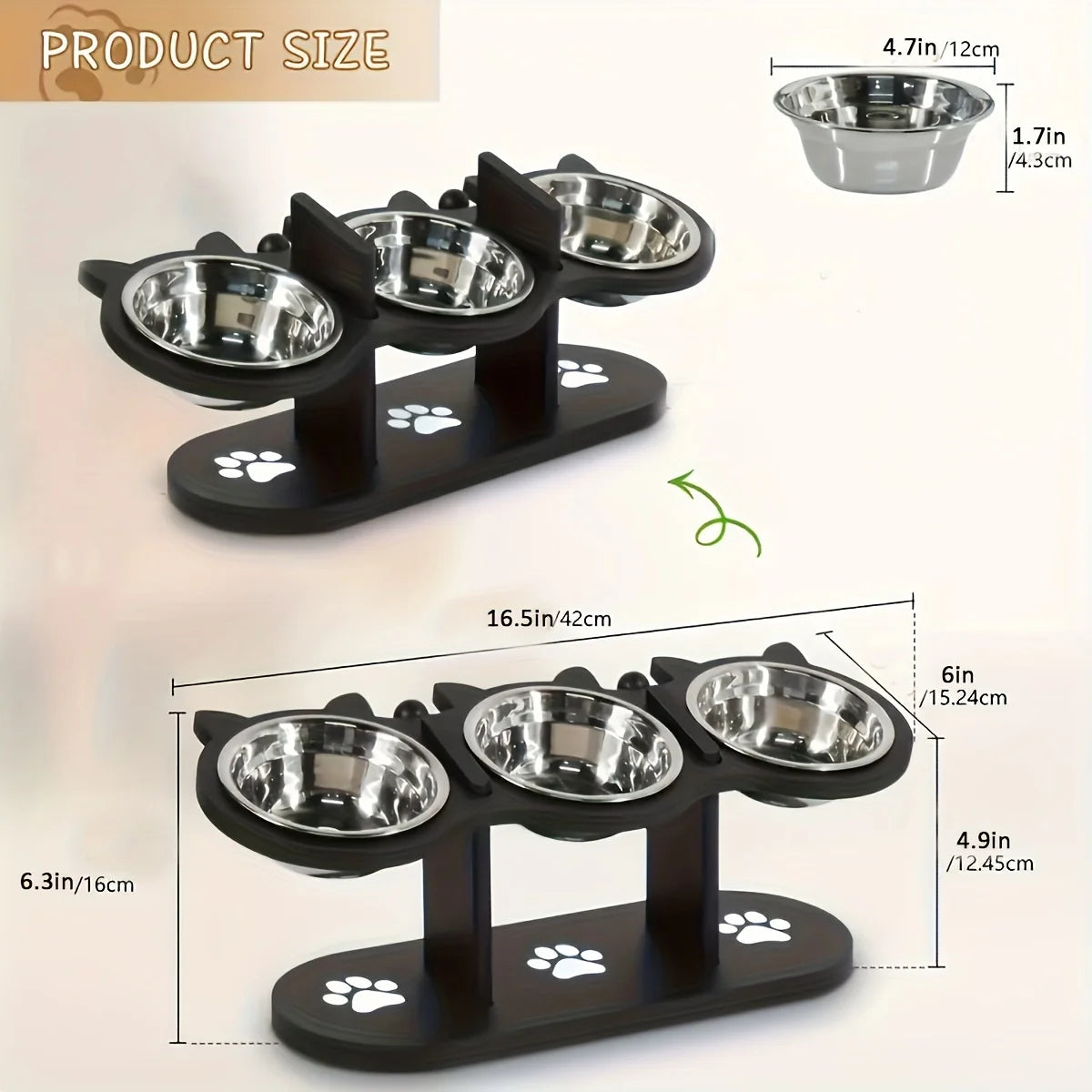 Cat 3 Bowls in 1 Feeder Feeding & Watering Supplies Food Bowl 15-Degree Tilt Raised Puppy 3 Stainless Steel Bowls Wood Brackets