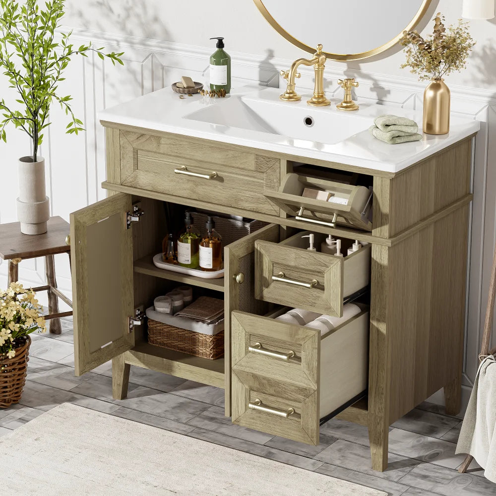 36" Bathroom Vanity with Ceramic Sink, Rubberwood Frame, 2 Soft Close Doors, 1 Flip-Down Drawer, 1 Shallow Drawer, 1 Deep Drawer