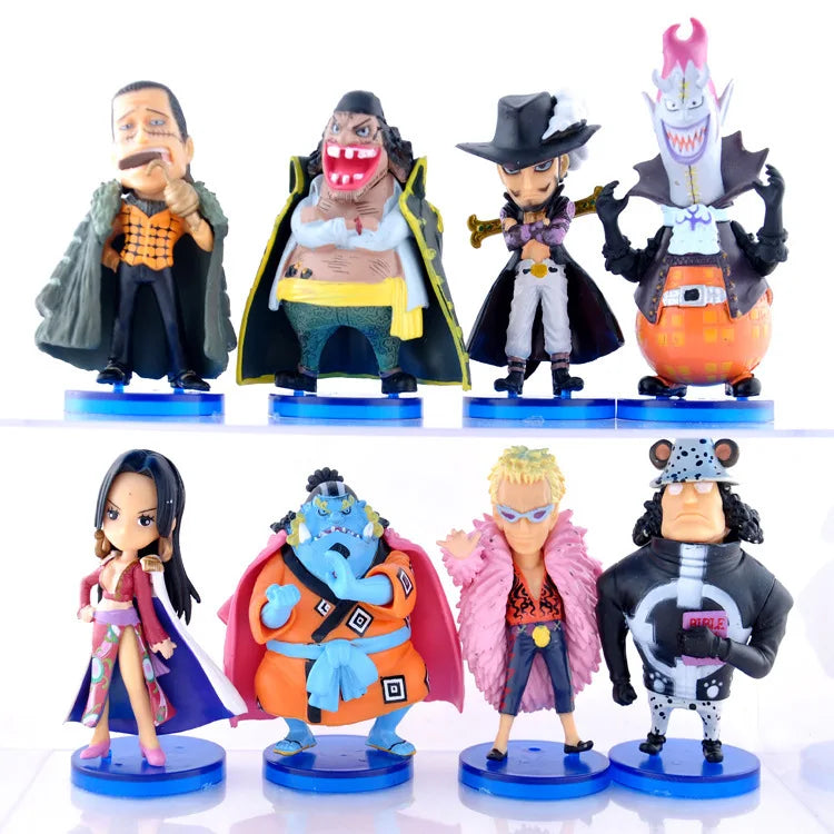 8-teiliges Anime-Figurenset aus One Piece: Oka Shichibukai, Donquixote, Doflamingo, Marshall D. Teach, Dracule, Mihawk und Bartholomew – Modellspielzeug, Geschenk