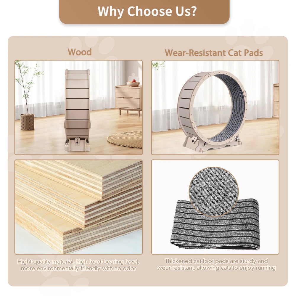 Cat Exercise Wheel For Indoor Cats, Cat Running Wheel With Carpeted Runway, 41" Natural Wood Color