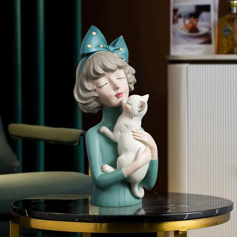 Modern Nordic Bow Girl Hold Cat Hold Dog, Room Decoration Accessories, Dressing Table Crafts, Statue, Sculpture, Birthday Gift