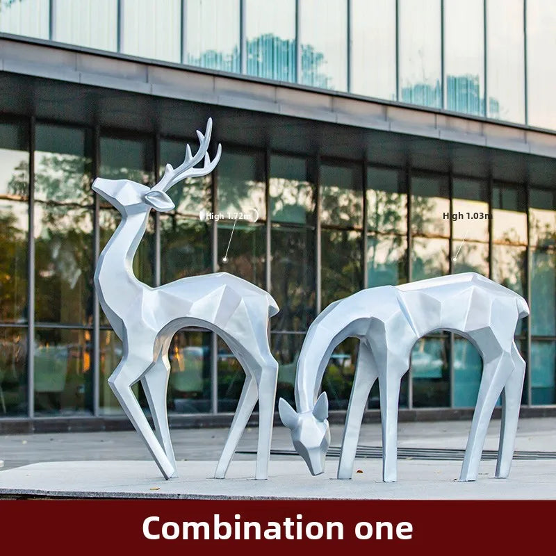 Outdoor large-scale abstract geometric fiberglass luminous sika deer sculpture