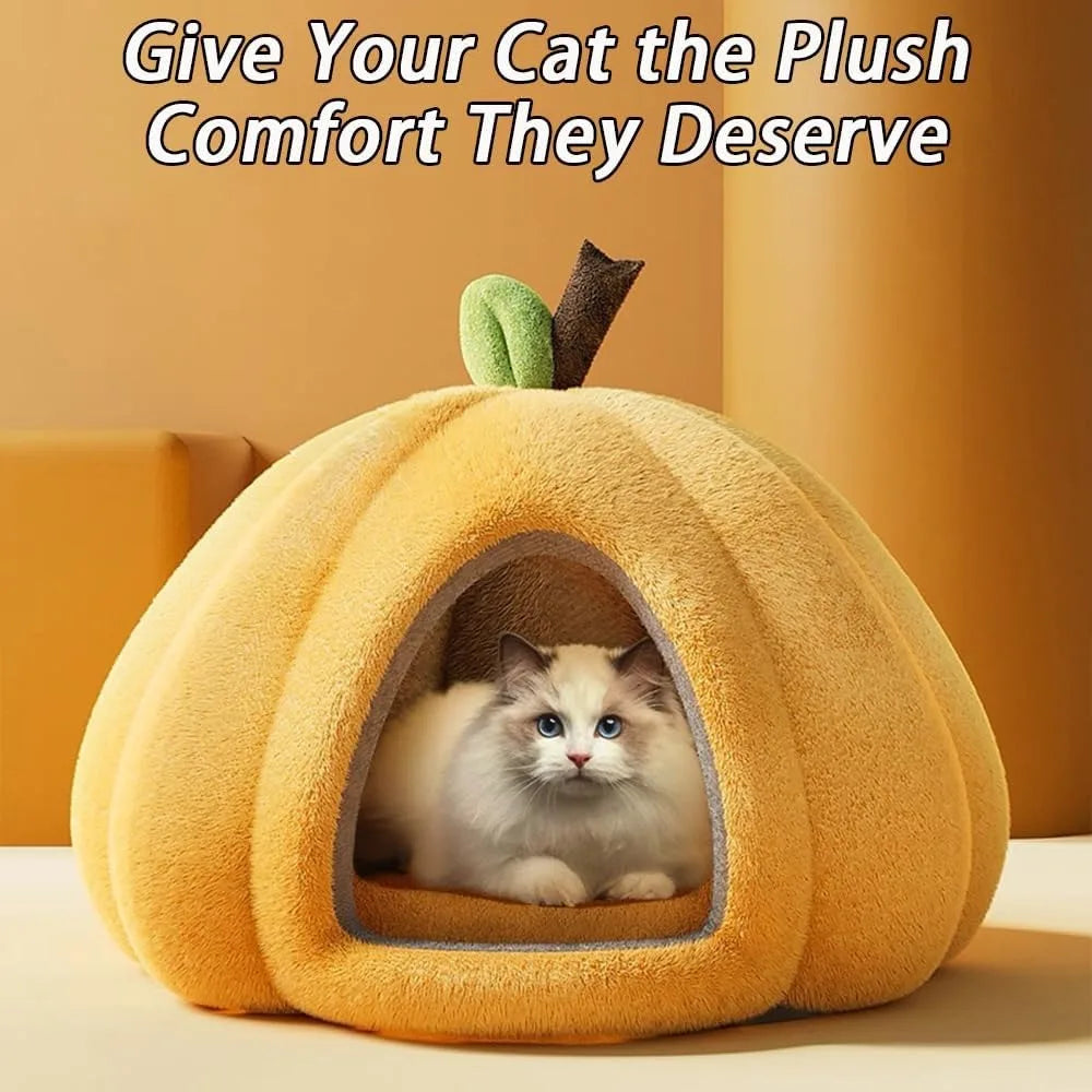 cozy pumpkin-shaped pet bed with removable mat, ideal for cats and small dogs, complete with warm nest for comfortable sleeping