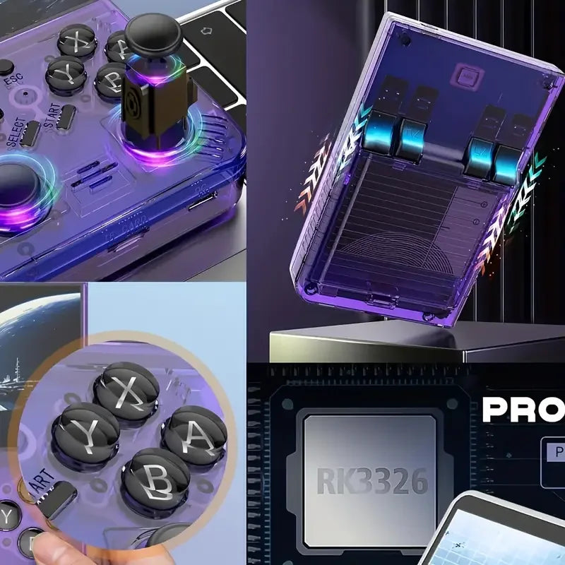 Retro handheld game console. 3.5-inch screen, portable pocket game console with headphone jack, USB charging.