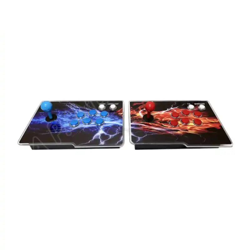 Two arcade joystick controllers with colorful designs on a white background