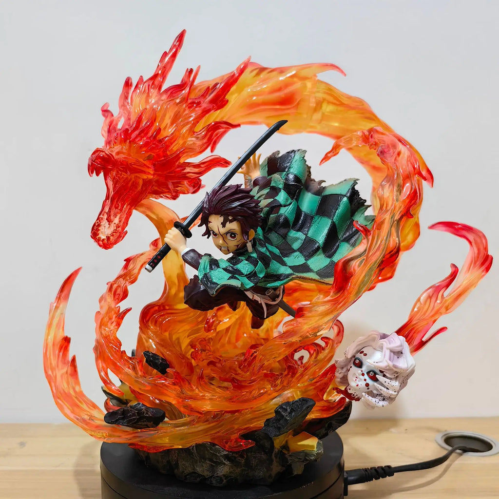 30cm Gk Statue Tanjirou Kamado Pvc Action Figure Fire Dragon Withled Light Anime Demon Slayer Kimetsu No Yaiba Toys Figuras