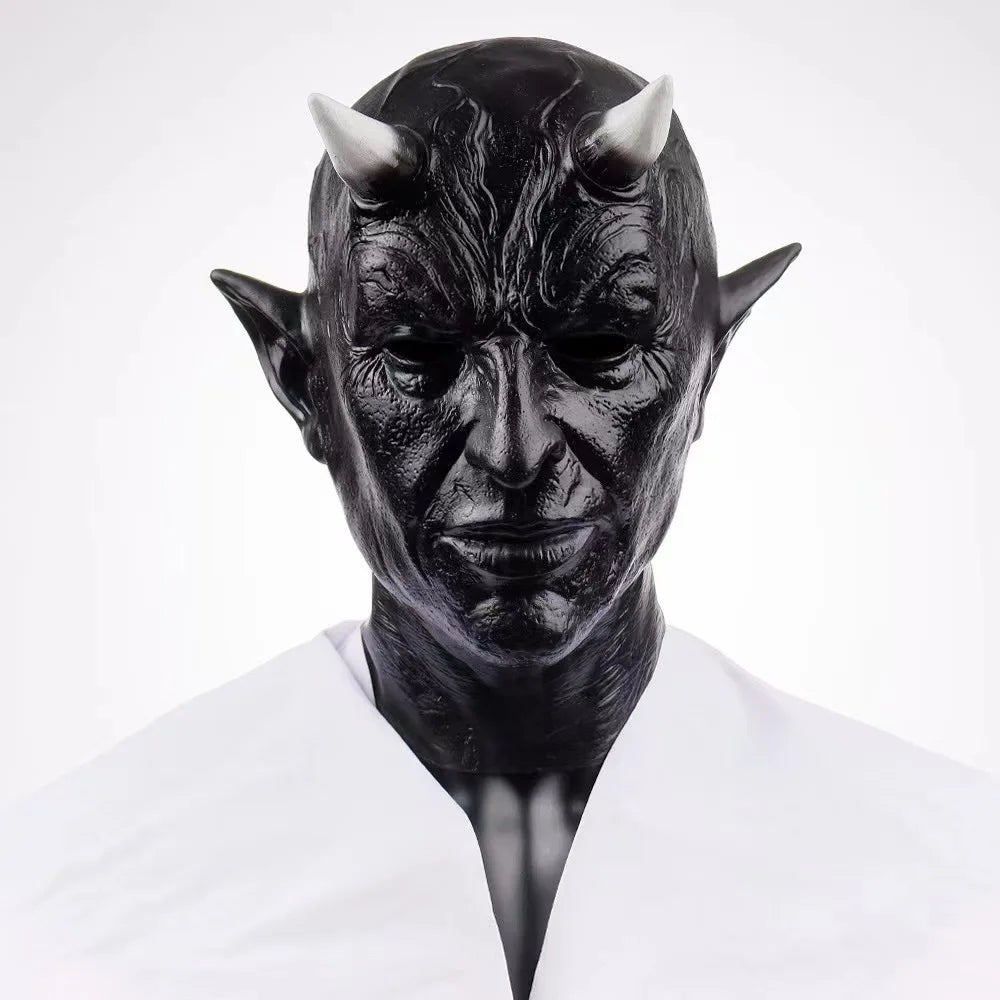 New Black Horned Demon Mask Full Face Latex Head Cover Haunted House Secret Room Scary Dressed Horned Head Cover