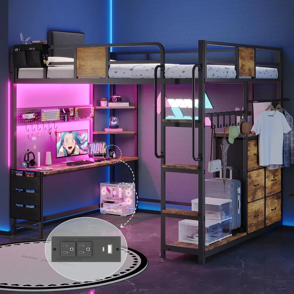 Loft Bed with Desk Full Size,Full Size Bed Frame with 6 Storage Drawers, 2 Bedside Organizer,6 Movable Hooks,LED Lights & Chargi