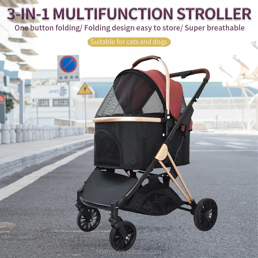 Pet Stroller With Storage Basket For Medium Large Dogs/Cats 3 In 1 Foldable Carbon Steel Alloy Detachable Carrier