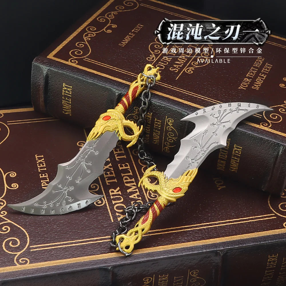 Mini Kratos Sword Key Chain Pendant For Men God of War 9cm Blades of Chaos Tiny Weapon Key Ring with Stand Accessories Keychain