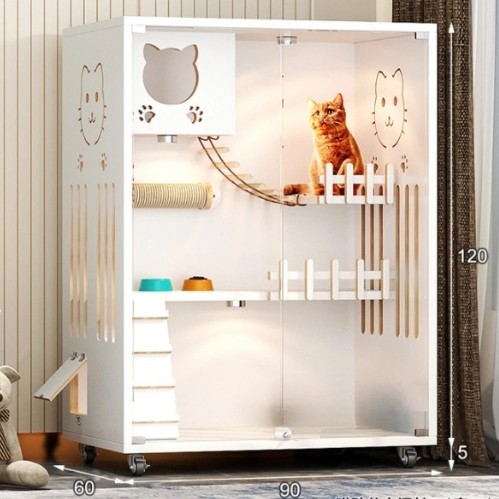 Cat Villa Large House Indoor Cat House Solid Wood Ecological Board Material Cat Furniture Vintage Style 90*60*125cm