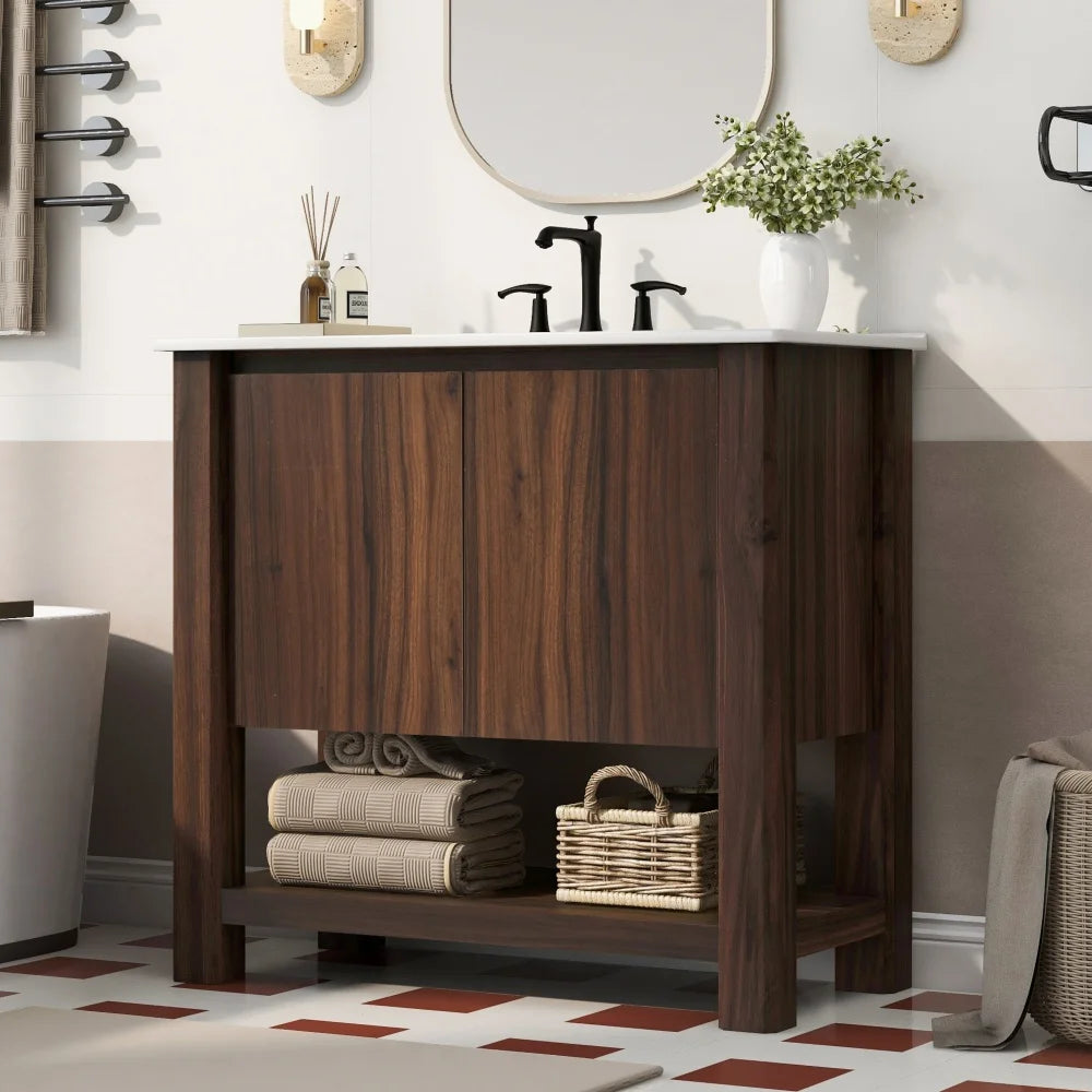 36" Modern Bathroom Vanity with Rectangle Ceramic Sink, Bathroom Cabinet with Large storage space and 45 Degrees Free-Handle