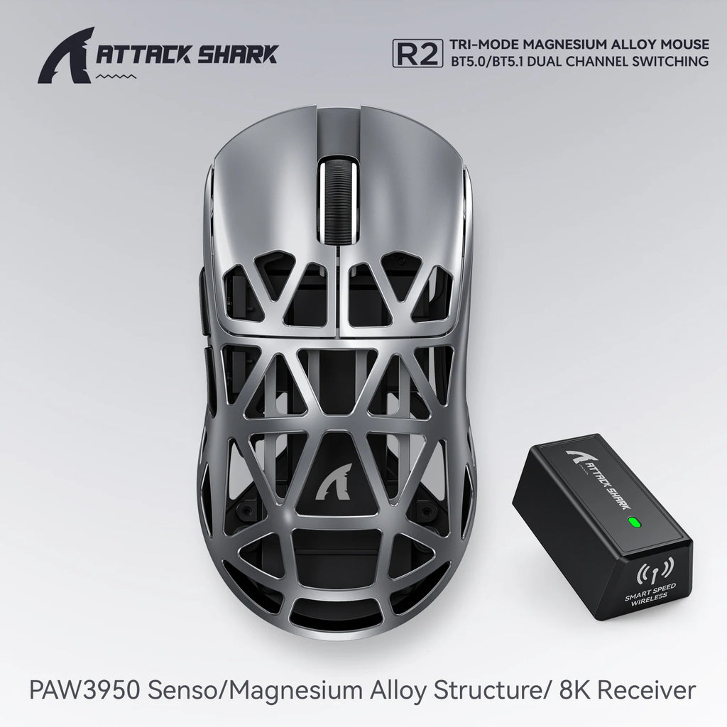 Геймърска безжична мишка Attack Shark R2 PAW3950, изработена от магнезиева сплав, 8K, лека, Bluetooth, трирежимна, за игри/офис