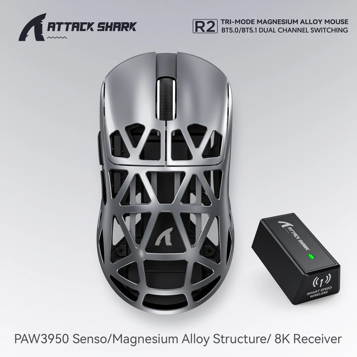 Геймърска безжична мишка Attack Shark R2 PAW3950, изработена от магнезиева сплав, 8K, лека, Bluetooth, трирежимна, за игри/офис