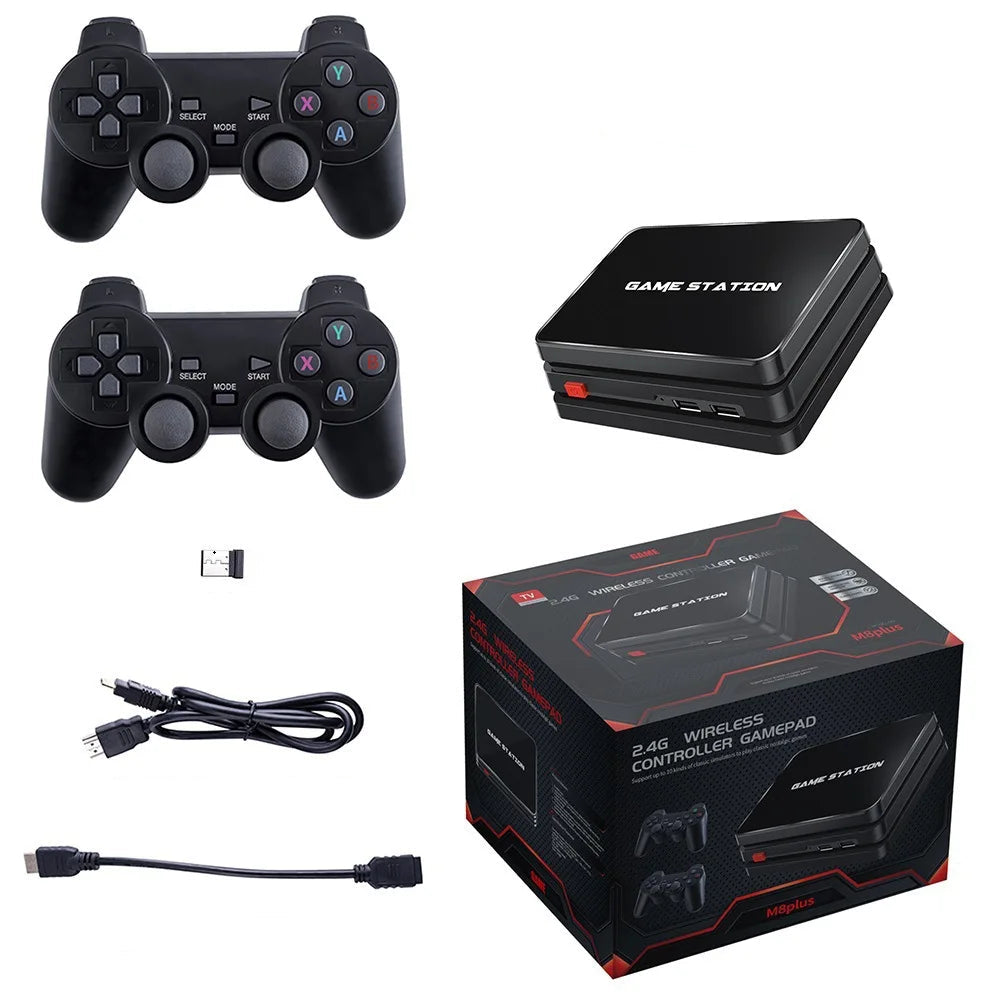 Gaming console with controllers, box, and accessories on a white background