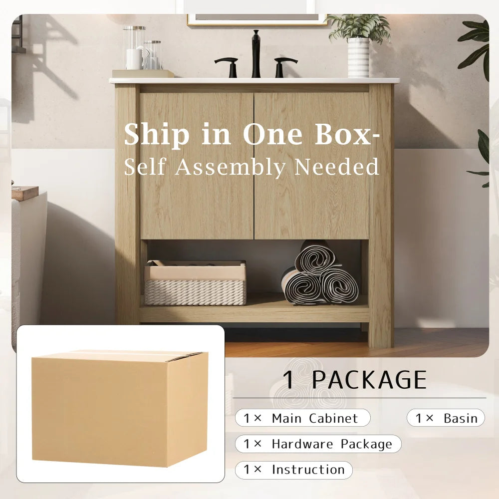 36" Modern Bathroom Vanity with Rectangle Ceramic Sink, Bathroom Cabinet with Large storage space and 45 Degrees Free-Handle